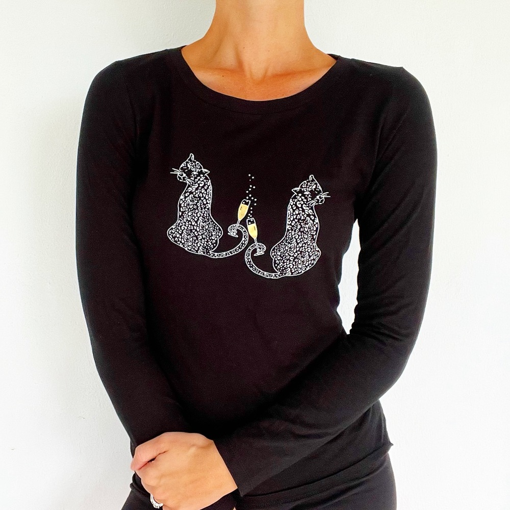 LOFT champagne glass leopard black long sleeve tee size XS